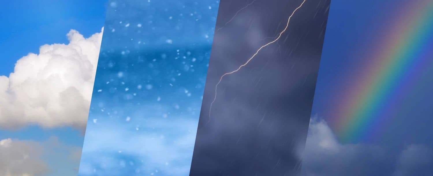 A montage depicting different weather conditions: sunny skies, snowfall, lightning, and a rainbow.
