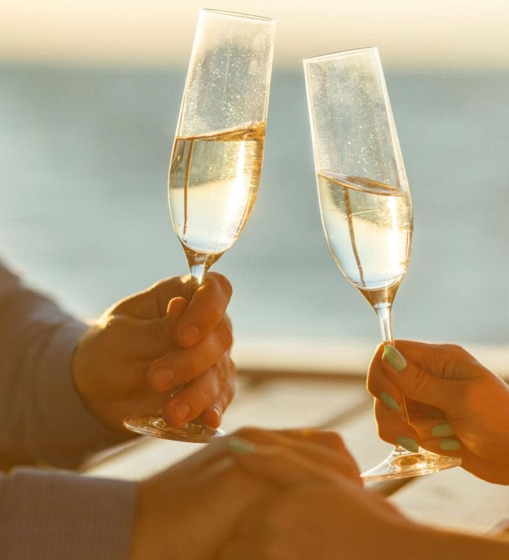 Two hands clink champagne glasses against a sunset backdrop.