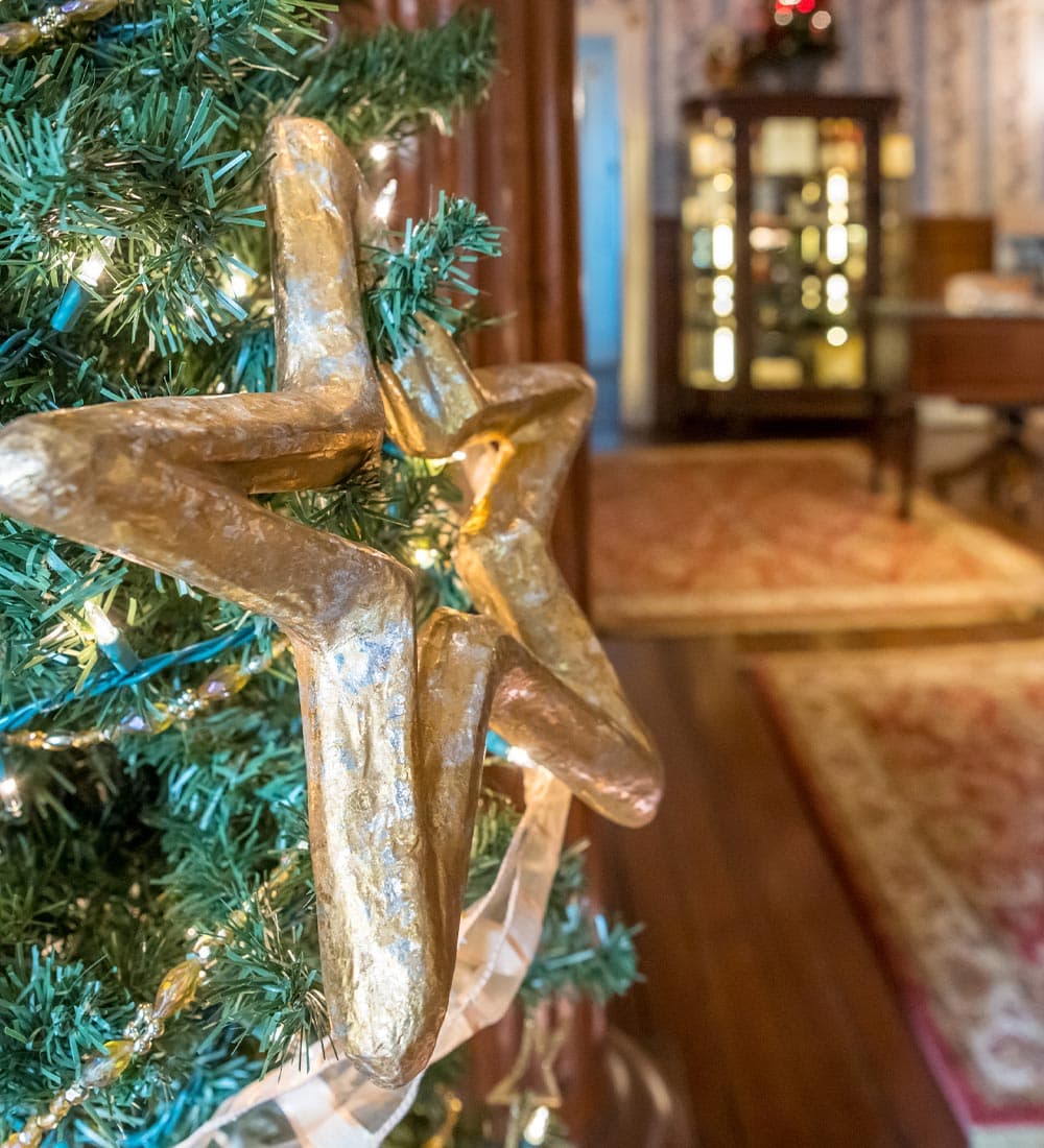 A gold star ornament hangs on a decorated Christmas tree in a warmly lit room.