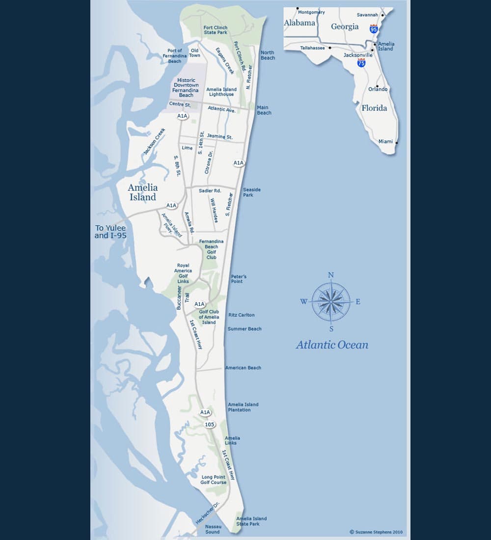 Map of Amelia Island, Florida, highlighting streets, parks, and nearby Atlantic Ocean.