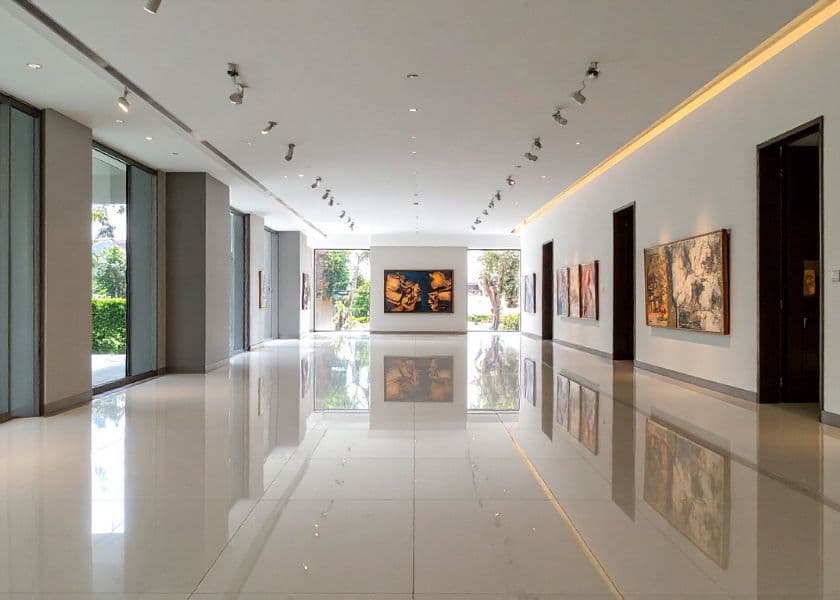 A modern art gallery showcasing artwork along sleek, reflective walls and floors.