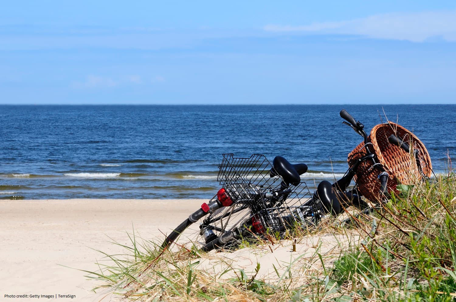 A bike with a wicker basket leans against sandy grass near the ocean.