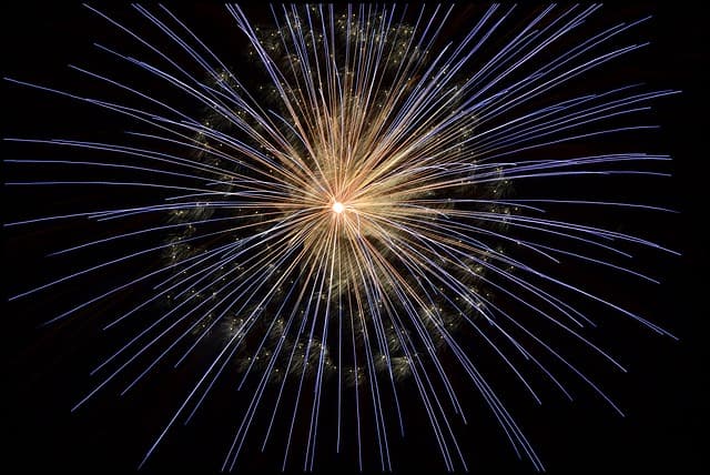 A vibrant firework explosion radiating colorful light against a dark sky.