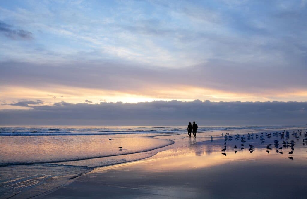 A couple walks along a beach at sunset, with seagulls scattered nearby.