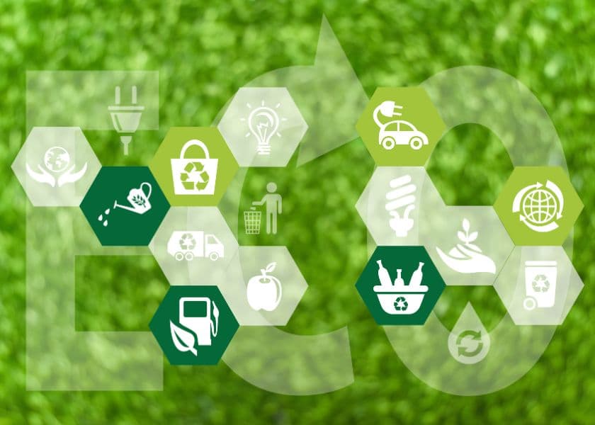 A collection of eco-friendly icons arranged in a hexagonal pattern on a green background. A collection of eco-friendly icons arranged in a hexagonal pattern on a green background.