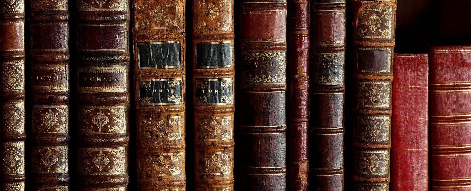 A row of antique leather-bound books with ornate spines.