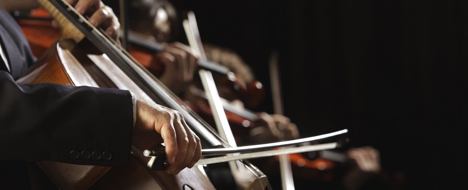 Close-up of hands playing string instruments in an orchestra setting.