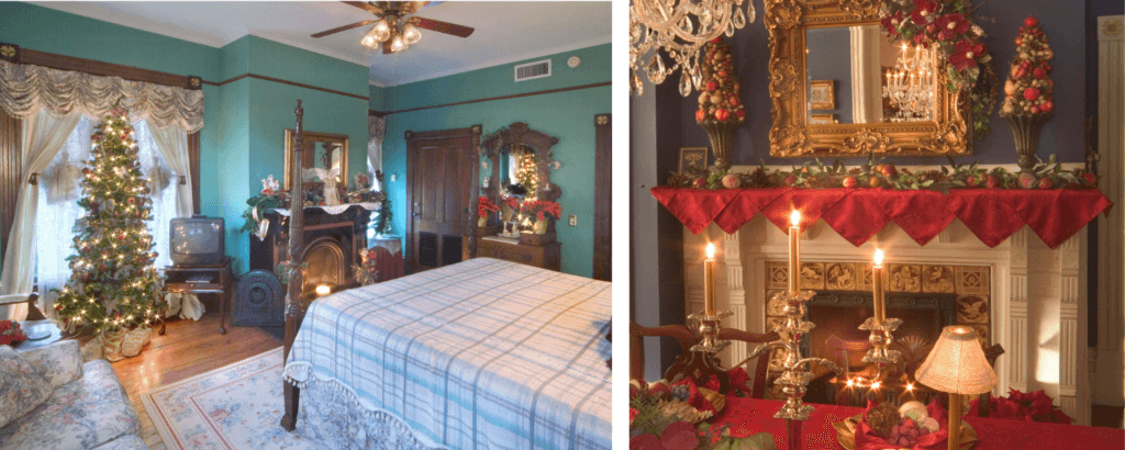 A cozy, elegantly decorated bedroom with a Christmas tree and a festive fireplace mantle adorned with candles and holiday decor.