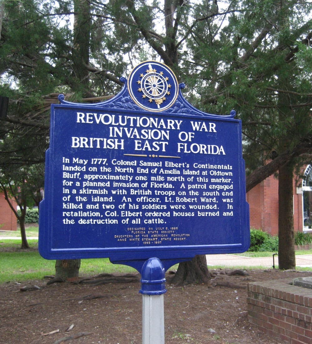 A historical marker detailing the Revolutionary War invasion of British East Florida by Colonel Samuel Elbert's Continentals in May 1777.