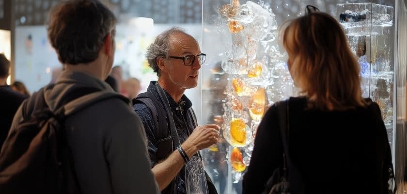 A man with glasses discusses art with two attendees in front of a glass sculpture.