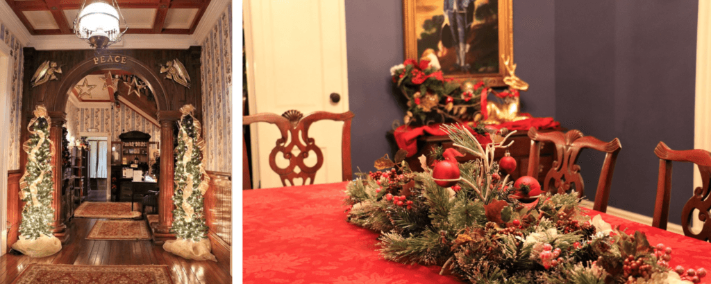 A festive interior featuring a decorated archway with the word "PEACE" and a dining table adorned with holiday greenery and red accents.