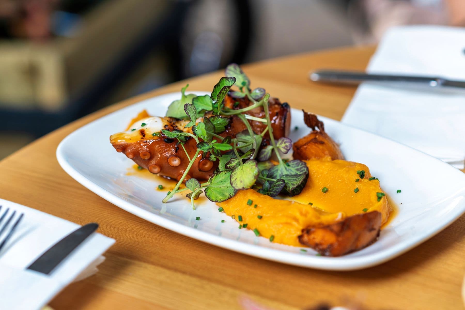 A plate of grilled octopus served with creamy orange puree and garnished with fresh herbs.