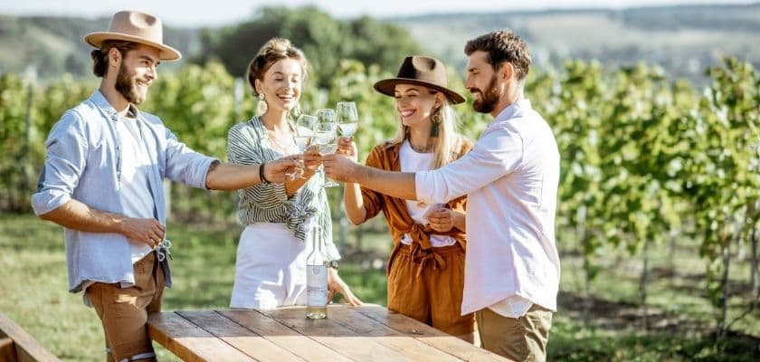 Four friends toast glasses of white wine at an outdoor vineyard table.